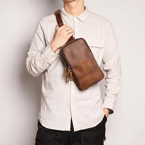 Men S Leather Breast Bag Women Crazy Horse Cross Body Large Capacity One Shoulder Cowhine
