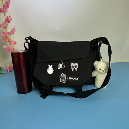 Kawaii Crossbody Messenger Bag with Badge Pins & Bear Pendant
