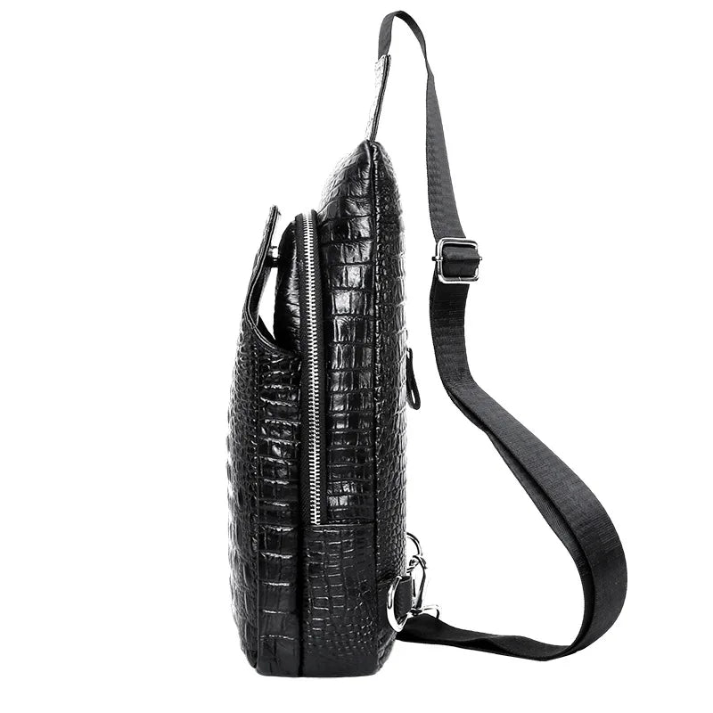 Men S Leather Chest Bag Head Layer Shoulder Oblique Cross Alligator Grain Large Capacity