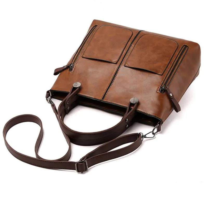 Retro Leather Tote Bag for Women with Double Pockets