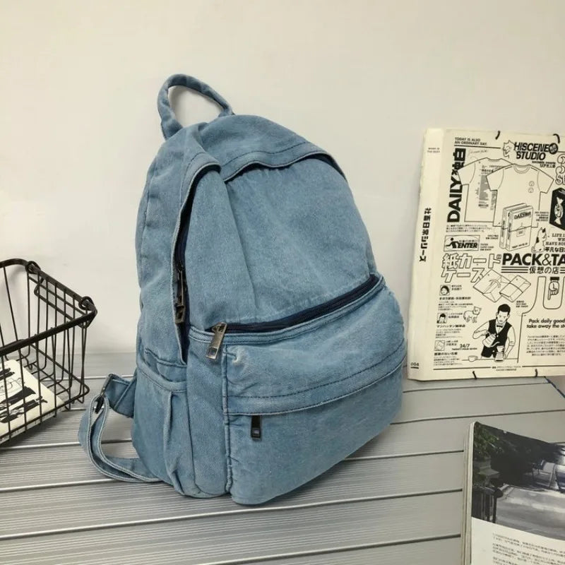 Denim Backpack – Vintage Soft Rucksack with Multiple Zipper Pockets for Girls & Students