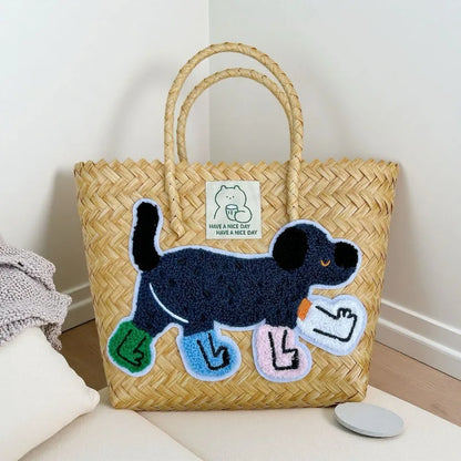 Cute Dachshund Woven Tote Bag Lightweight Striped Basket Bag Embroidered Dog Beach