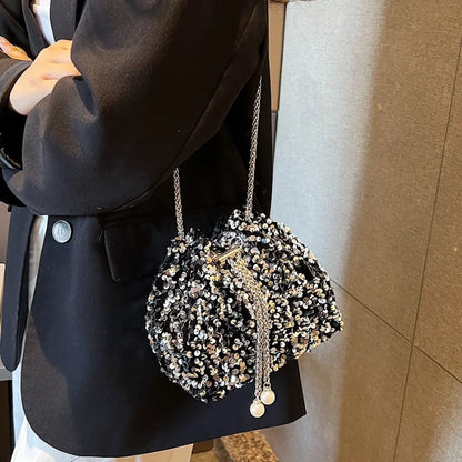 Silver Sequin Mini Pouch Crossbody Bags Pearl Drop Drawstring