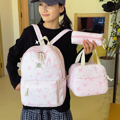 Sweet Fresh Bow Print Three Piece Backpack Set Lightweight Large Capacity College Style Campus