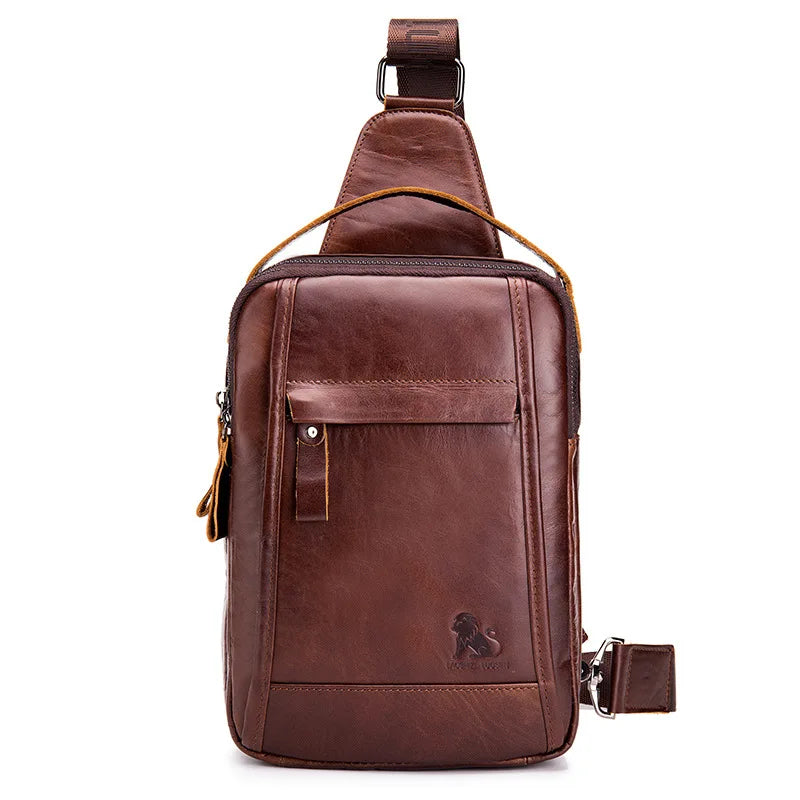 Men S Cowhide Chest Bag Retro Oil-Wax Leather Casual Chest Bag Large-Capacity Vertical