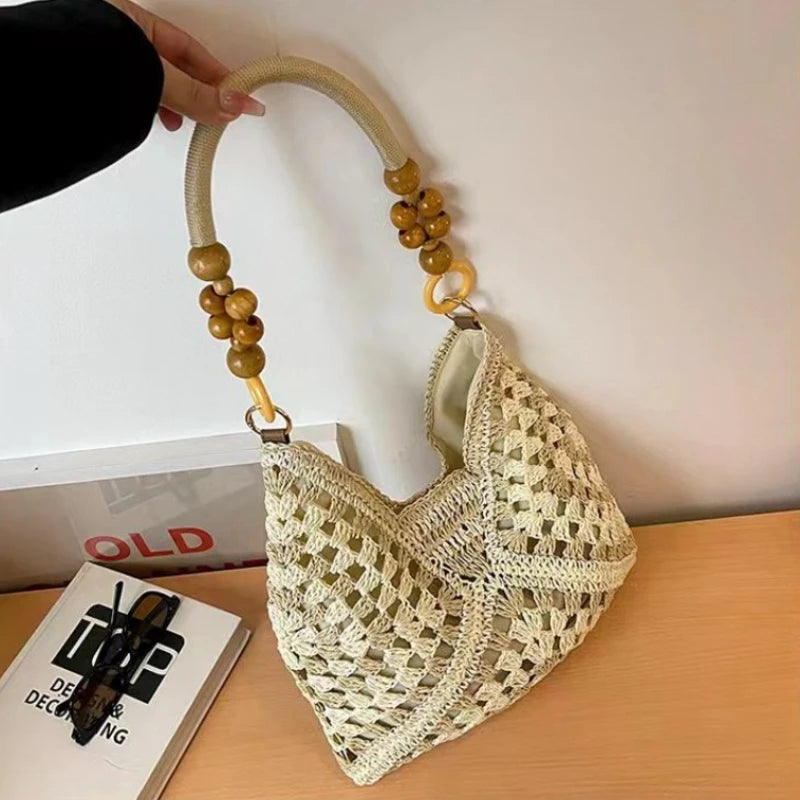 Crochet Woven Tote Bag – Wooden Bead Handle & Large Capacity