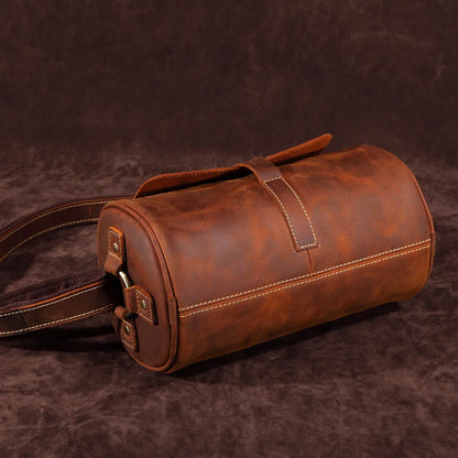 Crazy Horse Leather Men S Top Layer Cowhide Cylinder Bag Genuine Leather Retro Single-Shoulder Bag