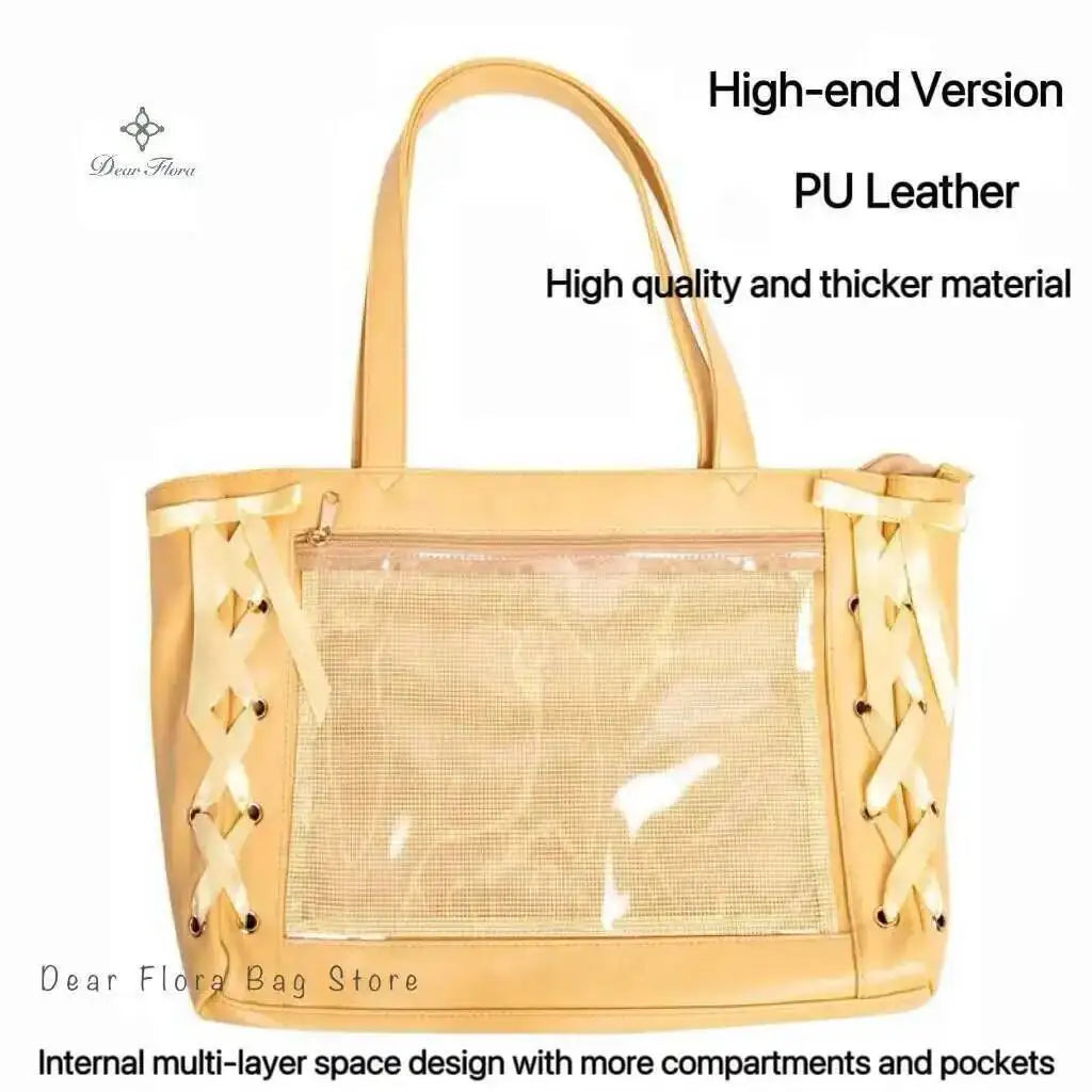 Japanese Sweet Women Ribbon Ita Bag Cute Lolita Girl Transparent Handbags Large Capacity Tote