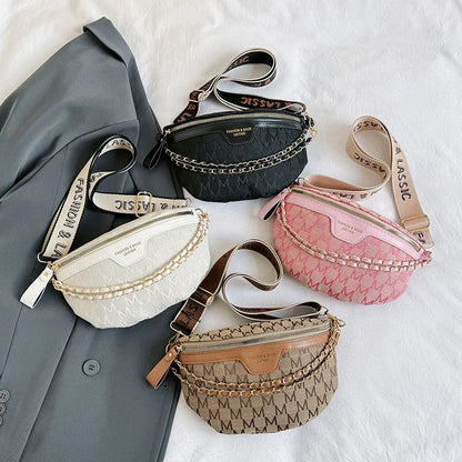 Crossbody Chest Bag with Chain Letter Pattern - Adjustable Waist Bag