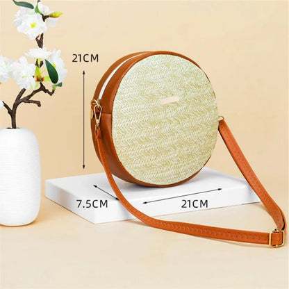 Straw Woven Round Shoulder Bag – Vintage Boho Handbag