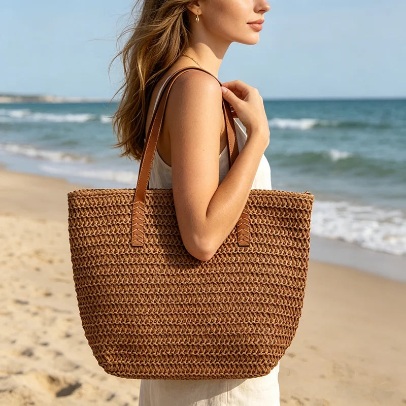 Straw Tote Bag with Leather Handles – Women's Beach Bag