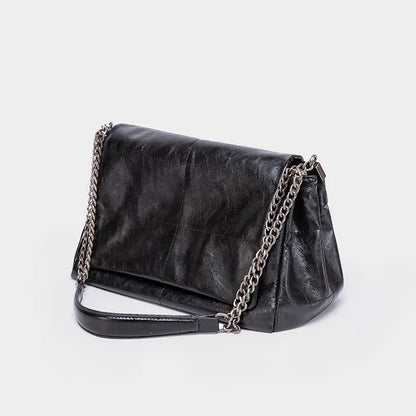 Classic Black Leather Chain Shoulder Bag Soft Flap Handbag Crossbody Bags Large Capacity Casual