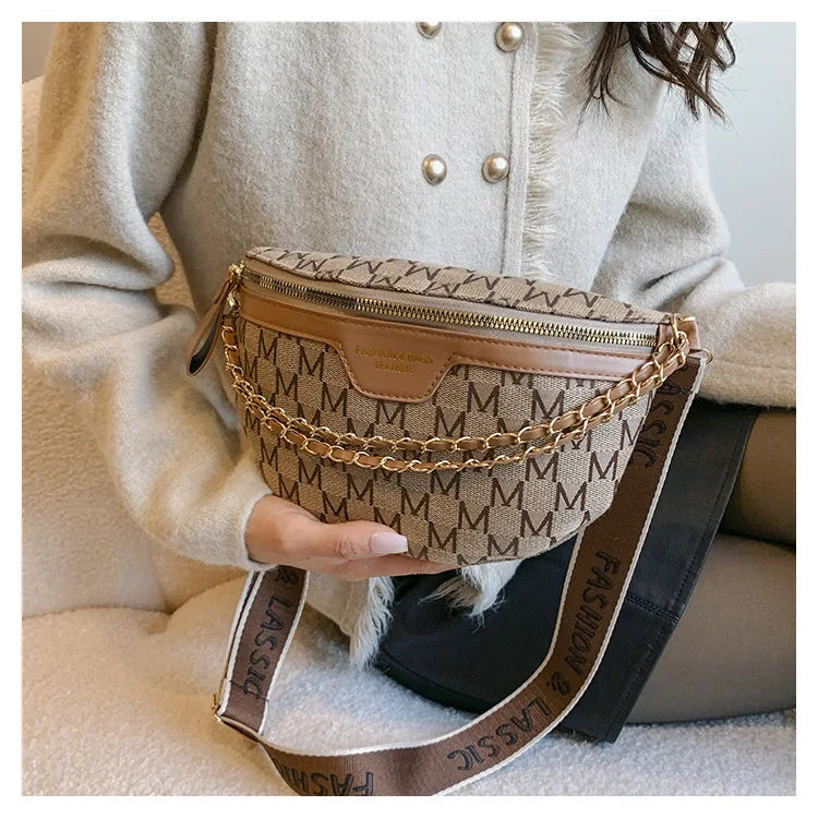 Crossbody Chest Bag with Chain Letter Pattern - Adjustable Waist Bag