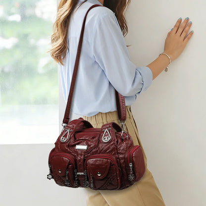 Retro Boho Women Shoulder Bag Solid Woven Rhinestone Crossbody Multi Pocket Large Capacity