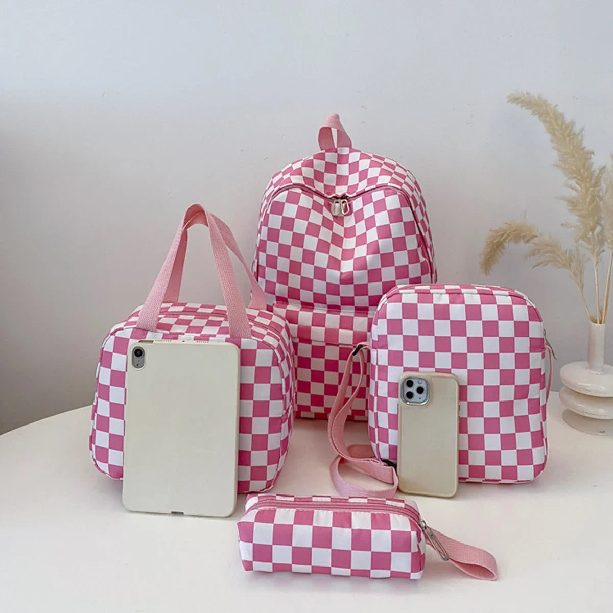 Checkerboard 4pcs Backpack Set Crossbody Handbag Pen Case Stitching Multi Pocket Adjustable Straps