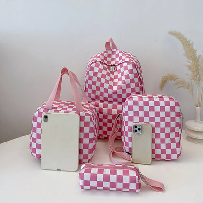 Checkerboard 4pcs Backpack Set Crossbody Handbag Pen Case Stitching Multi Pocket Adjustable Straps