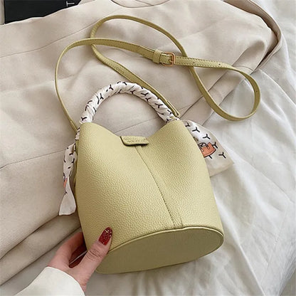 Elegant Bucket Handbag Shoulder Bag Silk Scarf Fashionable Faux Leather Tote Crossbody Bags Women S