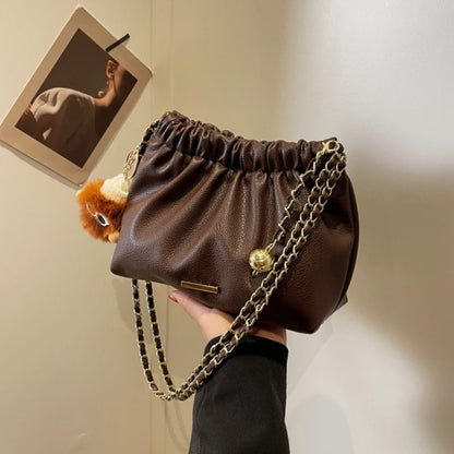 Ruched Woman Crossbody Bags Cute Fluffy Monster Bag Charm Two Tone Metal Chain Strap Faux Leather