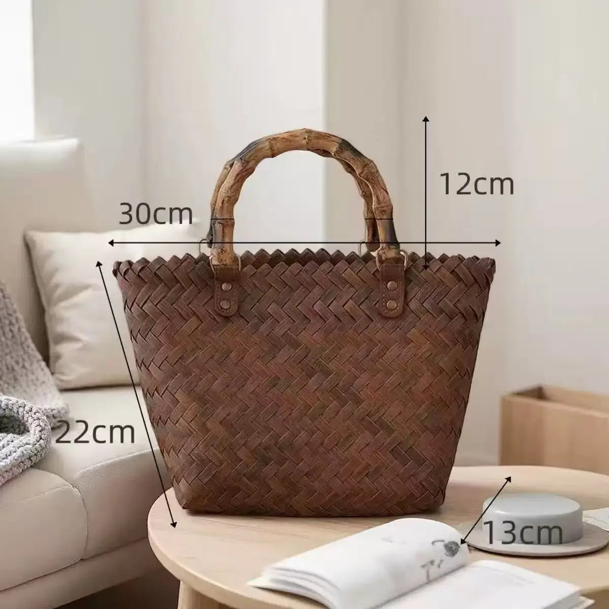 Handwoven Straw Tote Bags Multi Size Natural Woven Basket Bag Handbag Bamboo Handles Women Bohemian