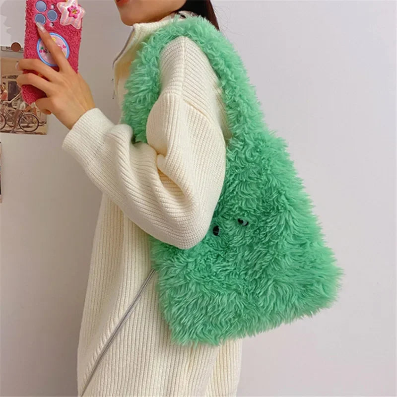Fluffy Faux Fur Tote Bag Cute Y2K Handbag for Women