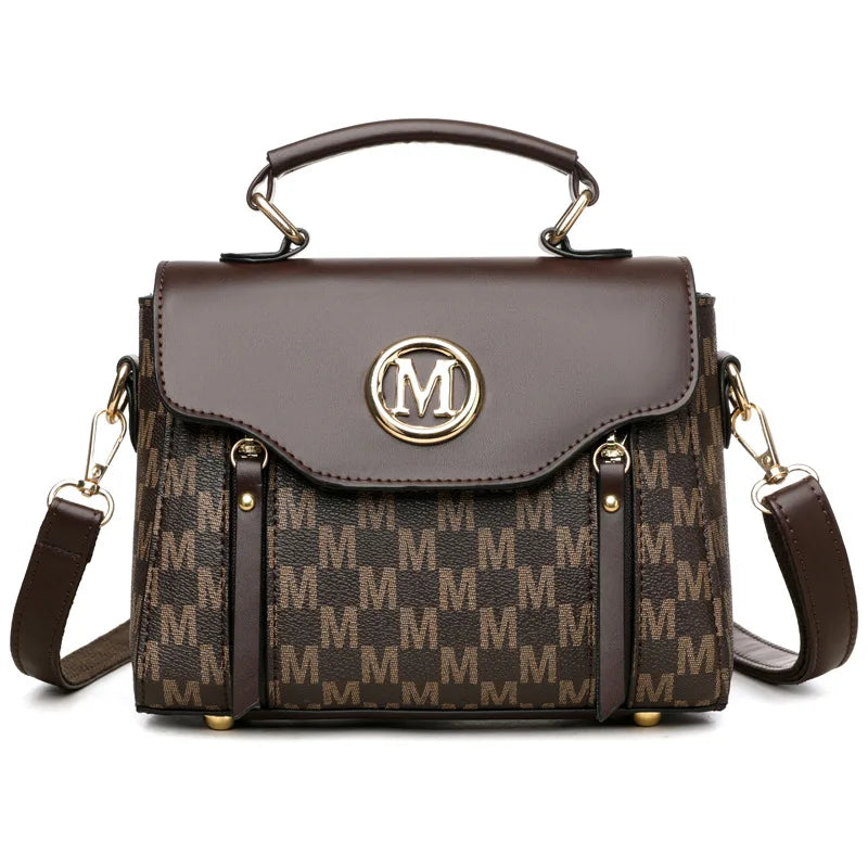 PU Leather Handbag – Vintage Monogram Shoulder Bag with Gold M Logo