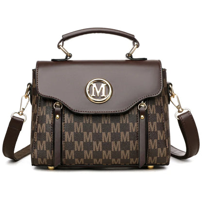 PU Leather Handbag – Vintage Monogram Shoulder Bag with Gold M Logo