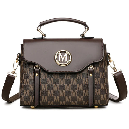 PU Leather Handbag – Vintage Monogram Shoulder Bag with Gold M Logo