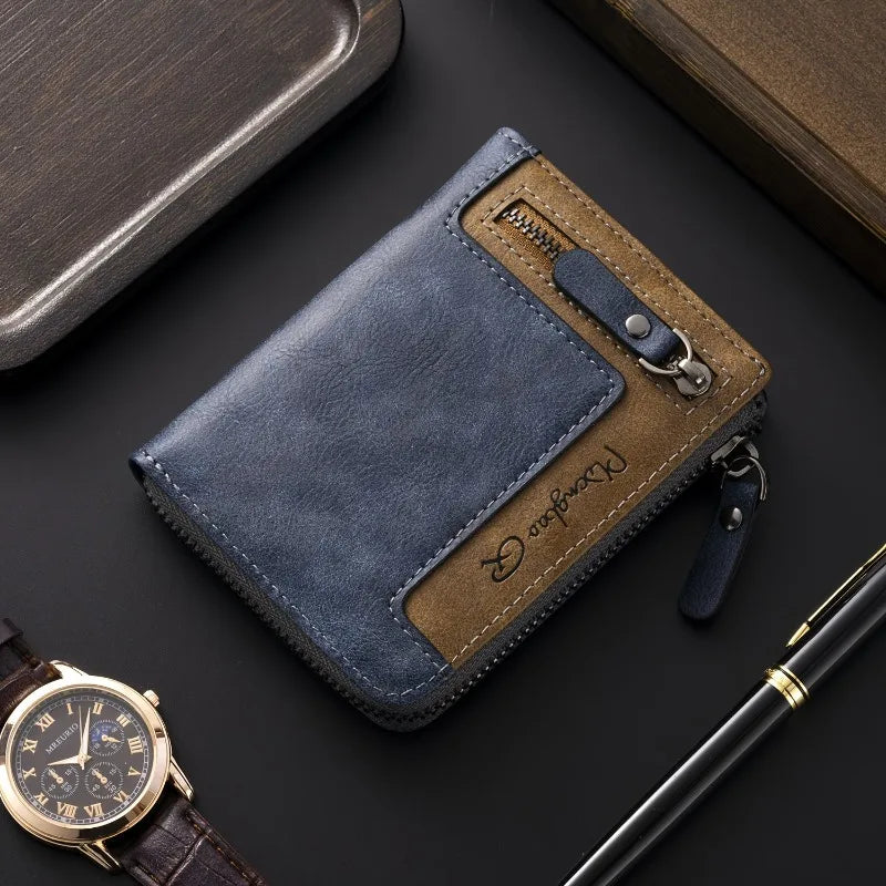 Men's Leather Bifold Wallet – Multi-Card Slots & Zipper Coin Pocket