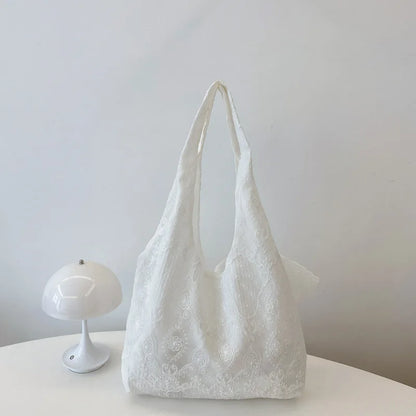 Floral Lace Tote Bag for Women – Soft White Shoulder Bag with Bow