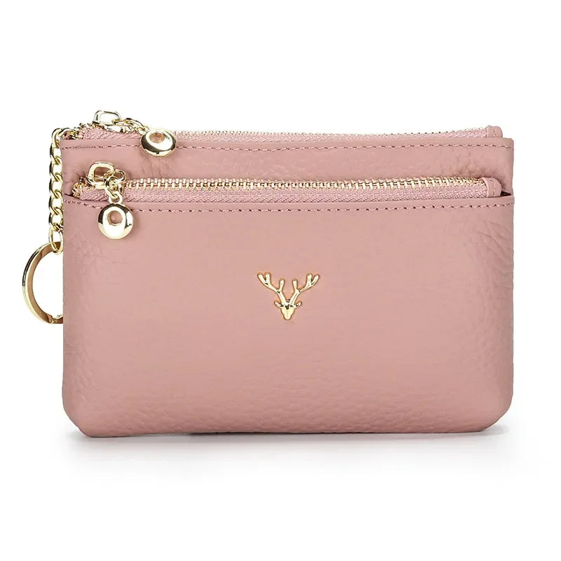 Cowhide Mini Coin Purse Multi-Function Key Bag Stylish Leather Premium Hardware Deer Head Zipper