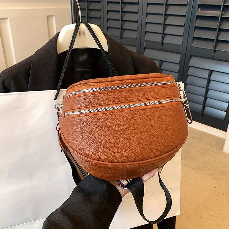 Double Zipper Fanny Pack Daily Commuting Wide Shoulder Strap Leather Bag