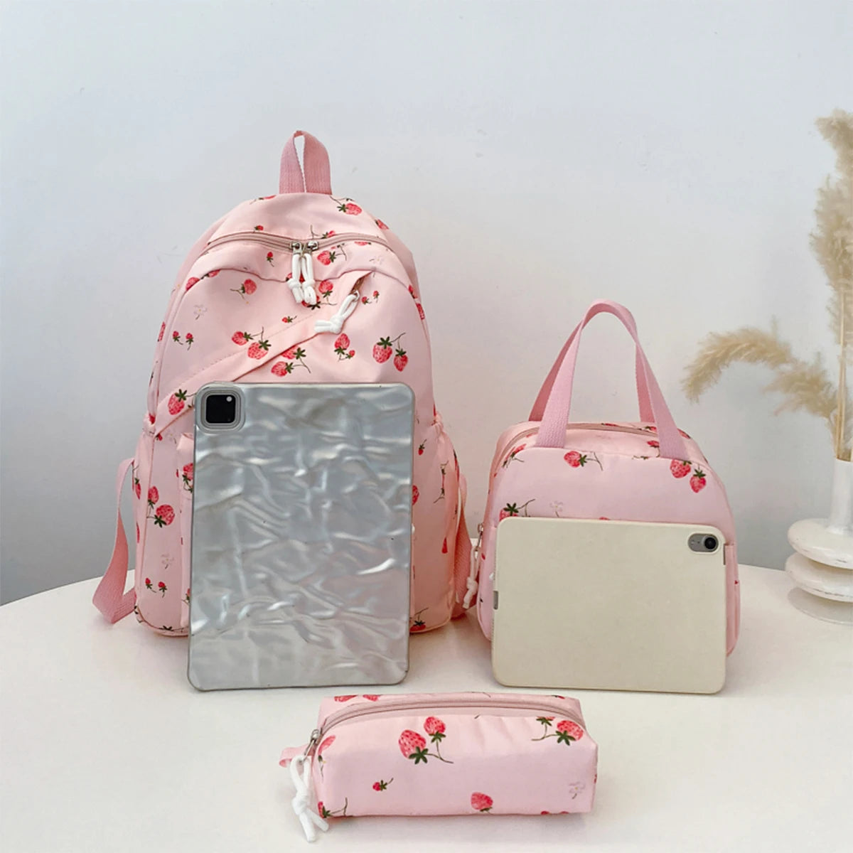 Fashionable Cute Strawberry Backpack Set 3pcs Handbag Pen Pouch Quilted Nylon Women S Dual Zipper
