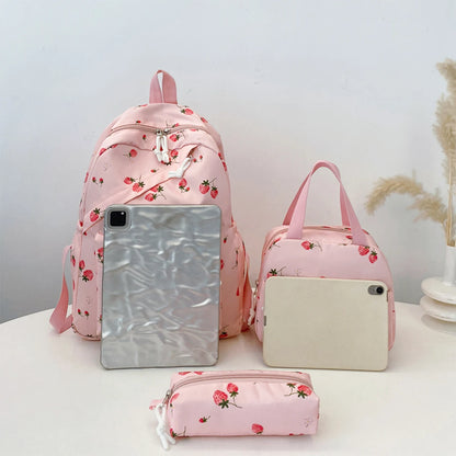 Fashionable Cute Strawberry Backpack Set 3pcs Handbag Pen Pouch Quilted Nylon Women S Dual Zipper
