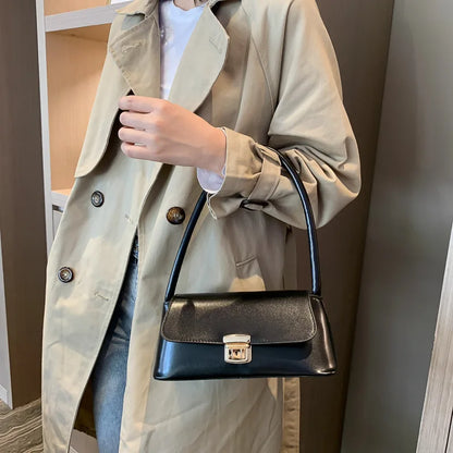PU Leather Shoulder Bag with Gold-Tone Lock Closure