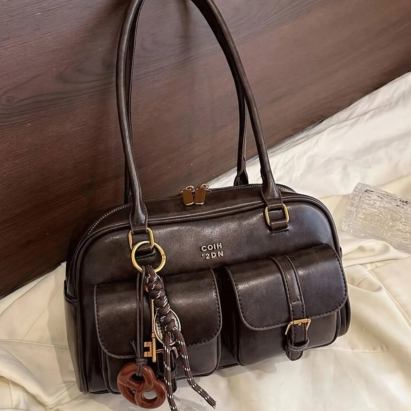 Women's Multi-Pocket Shoulder Bag with Gold-Tone Hardware