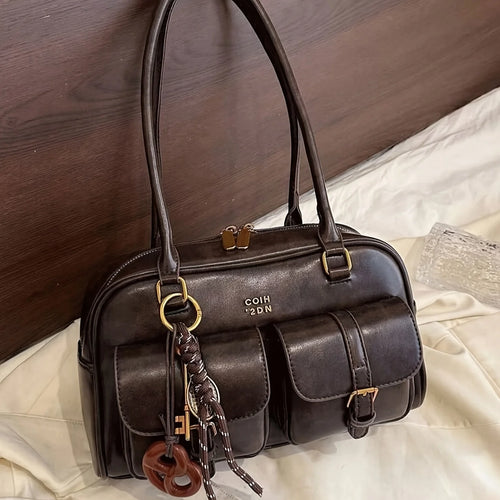 Women's Multi-Pocket Shoulder Bag with Gold-Tone Hardware