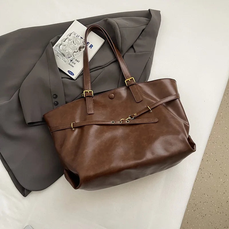 Women S Vintage Large Capacity Pu Leather Tote Bag Metal Buckle Strap Accents Top - Handle Shoulder