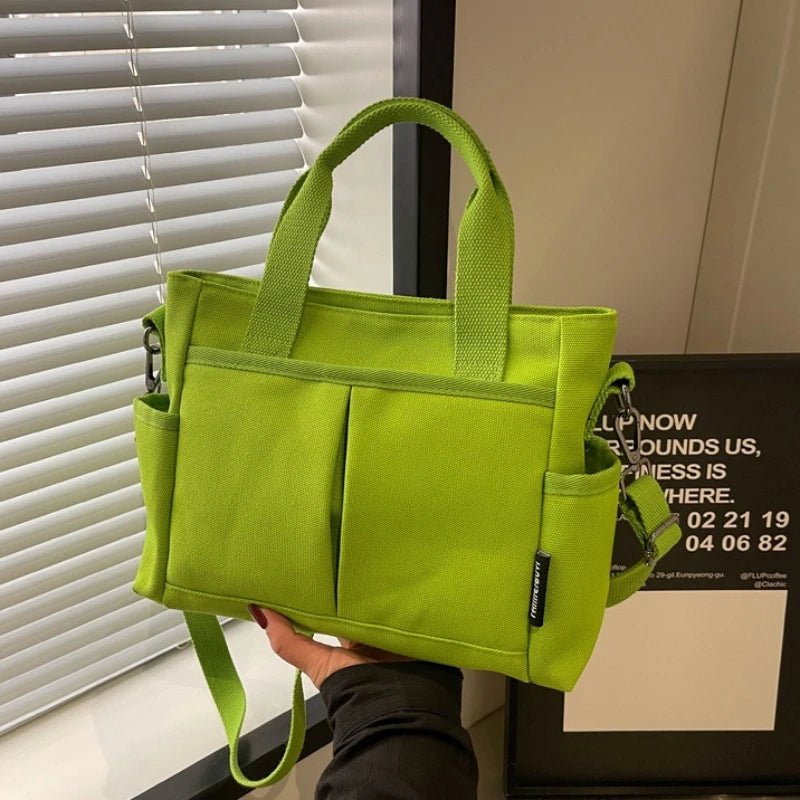 Canvas Tote Bag with Crossbody Strap & Multi-Pocket