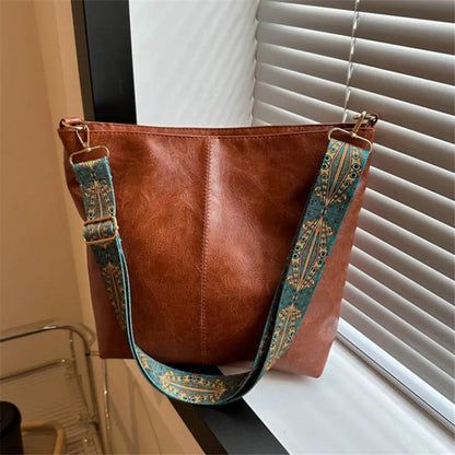 Stylish Beige Leather Tote Bag Decorative Printed Wide Strap Crossbody Bag Work Commute Large