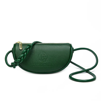 Leather Crescent Crossbody Mini Shoulder Bag – Braided Strap Daily Commute Bag