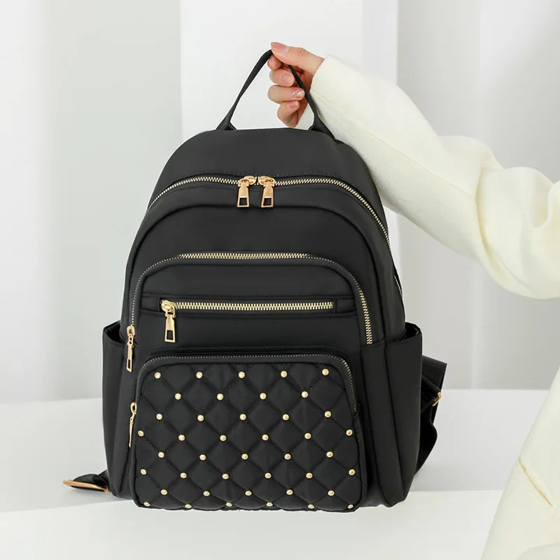 Quilted Nylon Backpack for Women – Rivet Detail with Gold Hardware