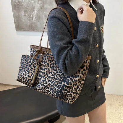 Leopard Tote Bag Pouch Stylish Synthetic Leather Handbag Shoulder Bag Large Capacity Shopping Bag