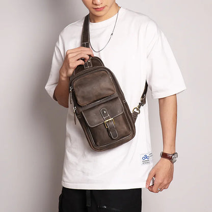Retro Men S Crazy Horse Leather Chest Bag Outdoor Sports Large-Capacity Crossbody Multi-Functional