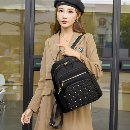 Quilted Nylon Backpack for Women – Rivet Detail with Gold Hardware