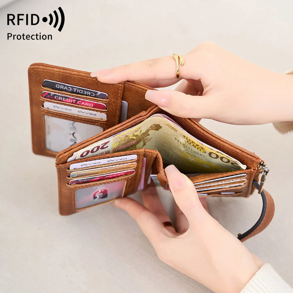 Rfid Anti-Theft Brush Women S Purse Multi-Card Simple Three-Fold Retro Short Clasp