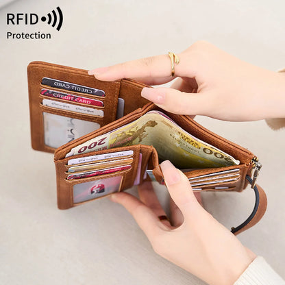Rfid Anti-Theft Brush Women S Purse Multi-Card Simple Three-Fold Retro Short Clasp