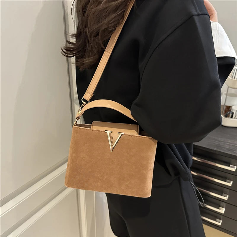 Mini Suede Crossbody Bag with Gold V-Buckle