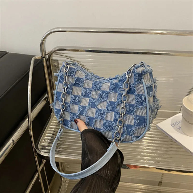 Denim Checkered Shoulder Bag for Women – Chain Strap Hobo Handbag