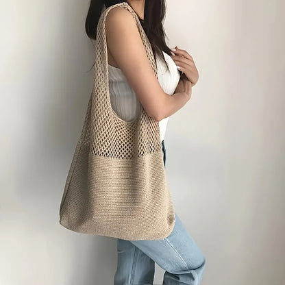Bohemian Knit Tote Bag for Women – Openwork Beach Shoulder Bag