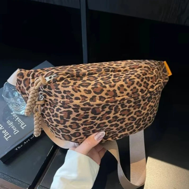 Women S Leopard Print Chest Bag Autumn Winter Crossbody Bag Trendy Sporty Multifunctional Waist Bag